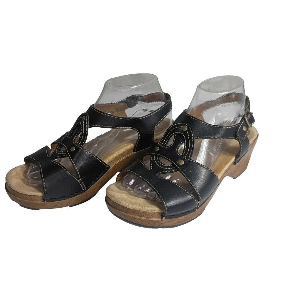 Dansko Sigrid Leather Wedge Sandals Size 39 /US 8.5 Black Strappy Casual Summer